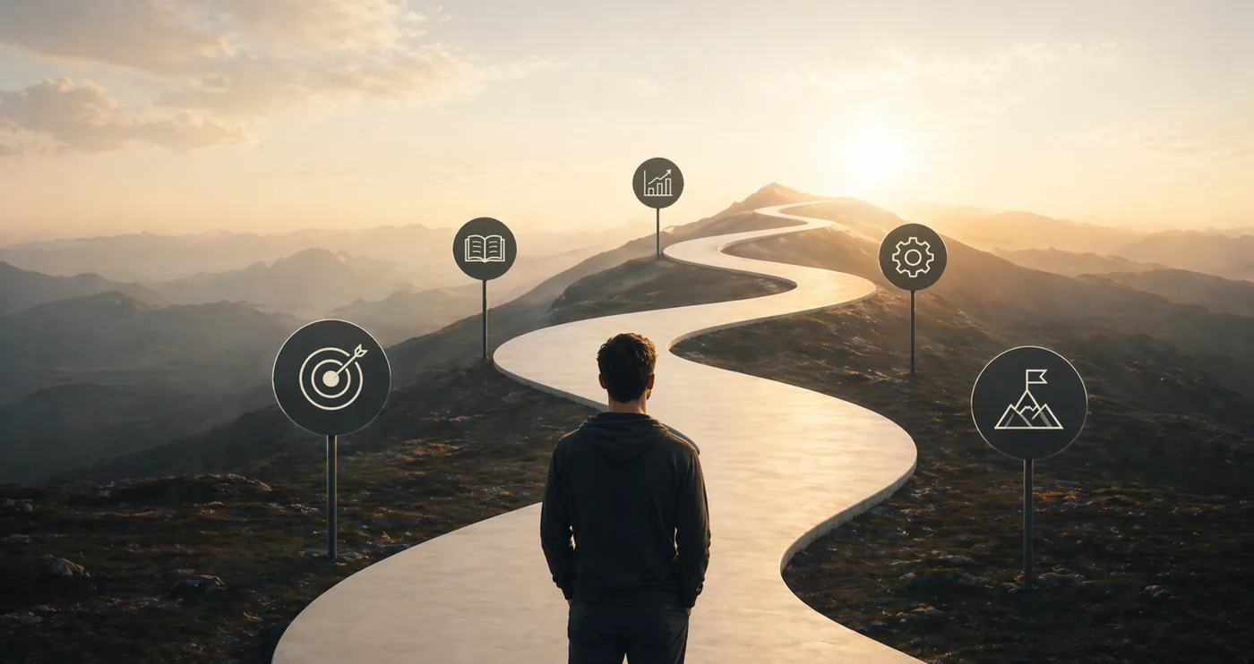A person standing at the start of a winding mountain path lit by sunrise — symbolising the structured journey of personal growth
